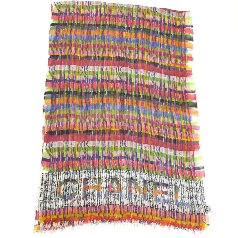Auth Chanel Multicolor Cashmere Modal Silk Blend Striped Wrap Shawl Stole Scarf